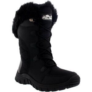 Womens Black Quilted Faux Fur Cuff Winter Duck Boots with Rubber Sole